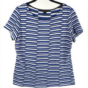 ST. JOHN Knit Semi Textured Ruffle Crew Neck Short Sleeve T-Shirt Striped LARGE